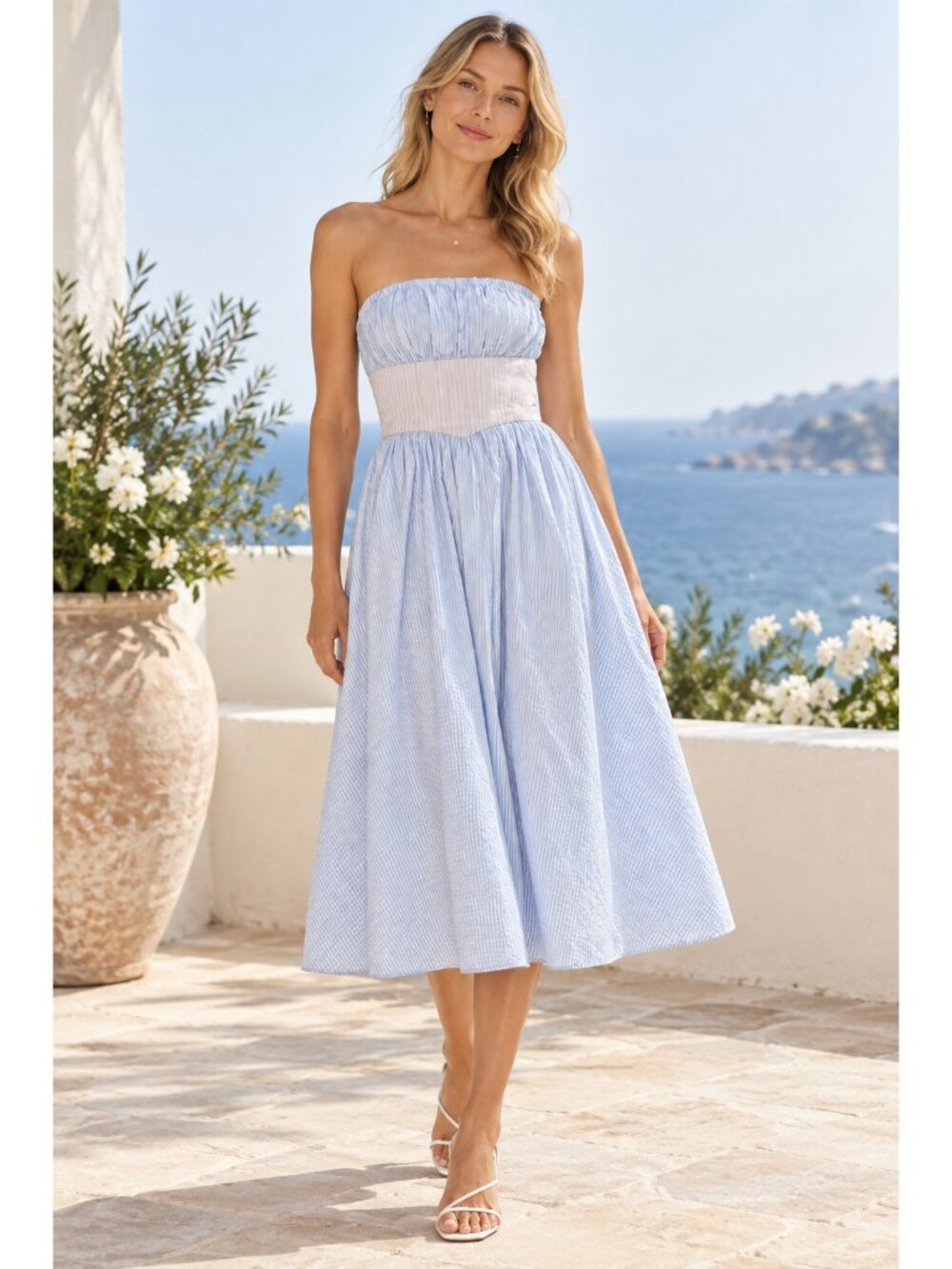 Lovers + Friends Revolve Blue Pink Striped Seersucker Fit & Flare Dress S